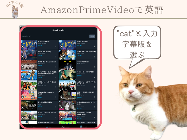 Amazon Prime Videoで猫の動画を選ぶ方法を説明する画面