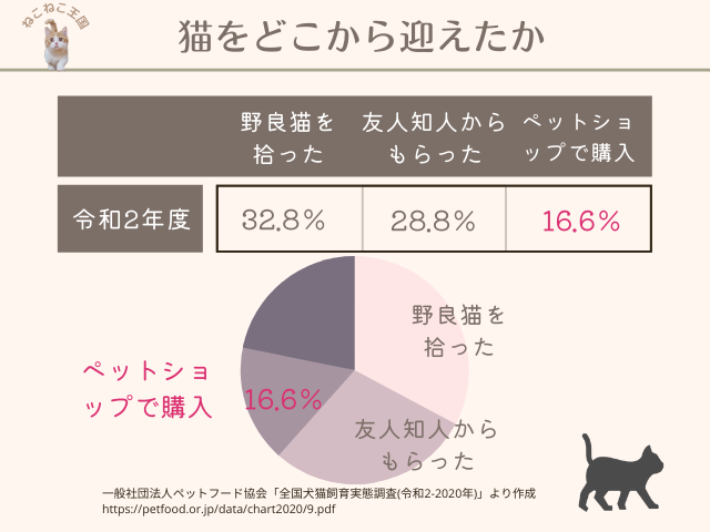 猫をどこから入手したのかというアンケートでは3位がペットショップで購入で、16.6%を占めたことを説明する画像