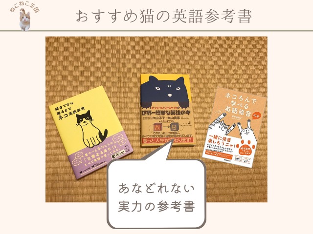 おすすめ猫の英語参考書三冊を説明する画像。 「Big Fat Cat and The Mustard Pie (BFC BOOKS) / ビッグ・ファット・キャットの世界一簡単な英語の本」「ネコろんで学べる英語発音の本」「おきてから寝るまで　ネコ英語表現」 の三冊