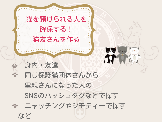 猫を預けられる人、猫友を普段から作っておくこと。身内や友人はもちろんのこと、身近にいない場合は、同じ保護猫団体さんから里親になった人をSNSのハッシュタグから探す、ニャッチングやジモティーで探すなどがいい