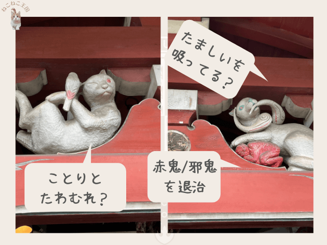 本殿上の二匹の猫を大きくした画像。それぞれリアルかつユーモラスな表情をしている